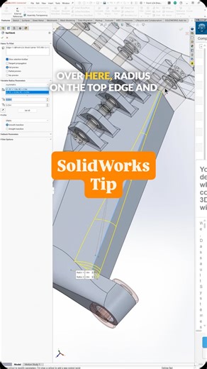 Nate Wilkerson on Instagram: "SolidWorks trick for cool tapering shapes?: the Variable Fillet This feature lets you have a large radius on one end that smoothly tapers to a small one on the other. Using the asymmetric property gives you even more control, allowing you to create complex, beautiful compound shapes. It’s a huge part of the DFM process! #solidworks #dfm #caddesign #fillet #fillet #solidworkstips #engineering #machining #dfm #designformanufacturing #cncmachining #fabrication #product