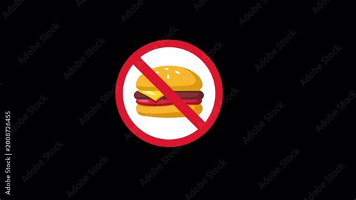 Flat design animation of no food prohibition sign representing restricted eating area warning forbidden meal zone in vector style.transparent background, alpha channel