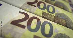 Euro banknote loop. 200 EUR money texture. Concept of business, crisis, banking, recession, economy, debt and finance in EU. Moving over european union note. Loopable seamless 3d animation.