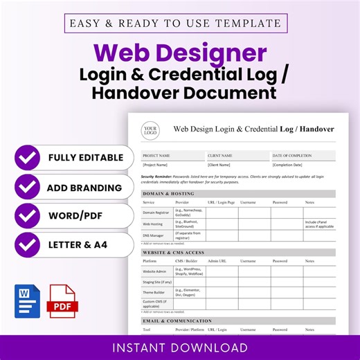 Web Designer Login and Credential Log / Handover Document Template – Word & PDF, A4   US Letter - Etsy UK