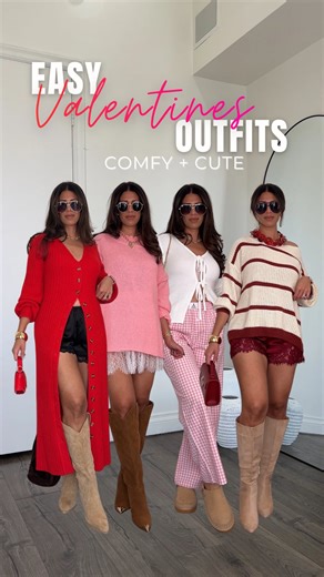 Mar Torosian on Instagram: "Easy valentines & galentines outfit ideas >> just say VDAY 6 and I’ll send you all the details girlie! Which comfy and cute look are you wearing? #valentinesoutfits #easyoutfitideas . . Valentines outfit ideas, comfy valentines outfits, galentines outfits, easy vday looks, vday looks, comfy looks, galentines looks, comfy and cute valentines outfits, what to wear for galentines, pink and red outfits, gingham pants outfit, lace skirt outfit, pink sweater outfit, striped