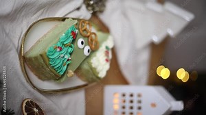 Vertical video. Cute Christmas cheesecakes. Sweet home made Festive Christmas cheesecake. Christmas new year decorations, dessert holiday food.