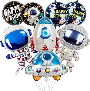 8 Pcs Space Balloons 33 Inch Astronaut Mylar Airship Planet Rocket Galaxy Foil Balloons for Outer Space Galaxy Themed Birthday Party Decorations