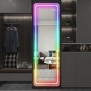 RGB Light Full Body Mirror Full Length Mirror with Lights 47’’ * 18’’ RGB LED Wall Hanging Mirror Free Standing Lighted Floor Mirror for Bedroom with Dimmable 7 Color & 7 Dynamic Lighting