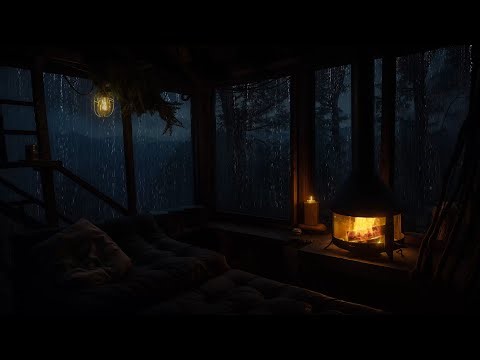 Peaceful Rainy Night in Cabin | Fireplace & Rain Sounds for Stress Relief and Sleeping