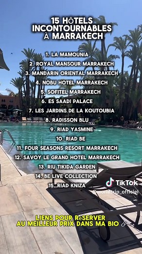 cherches où dormir à Marrakech ? 🇲🇦✨ Voici 15 hôtels incontournables entre riads authentiques, luxe iconique et all inclusive 🌴 Les prix varient énormément selon les dates 👀 👉 J’ai regroupé les hôtels avec comparateur de prix dans ma bio 🔗 Tu es plutôt : 🏨 Hôtel luxe 🌿 Riad dans la médina 🌴 All inclusive Dis-moi en commentaire 👇 #Marrakech #HotelMarrakech #VoyageMaroc #OuDormir #BonPlanVoyage