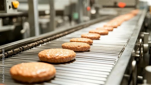 Conveyor belt transporting beef patties in a food production facility, showcasing automation in the meat industry.
