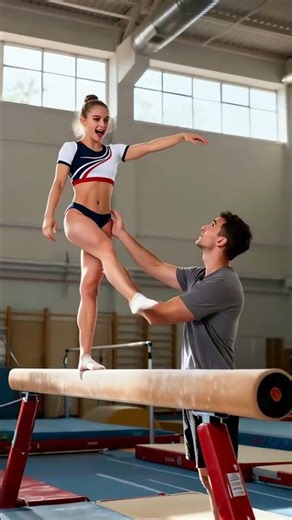 Gymnast Training on Balance Beam with Coach