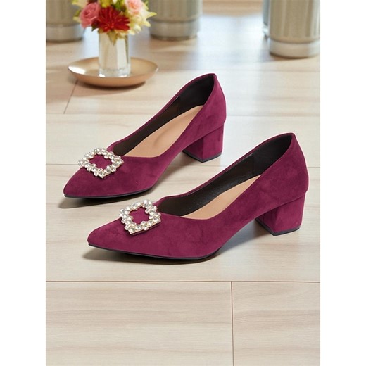 Women's Burgundy Suede Block Heel Pumps with Rhinestone Buckle - Elegant Retro Style Dress Shoes for Ladies, Ideal for Office, Weddings, and Parties 2025 - $46.99