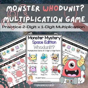 Space Themed Multiplication Math Game | 2-Digit x 1-Digit Facts | Whodunit?