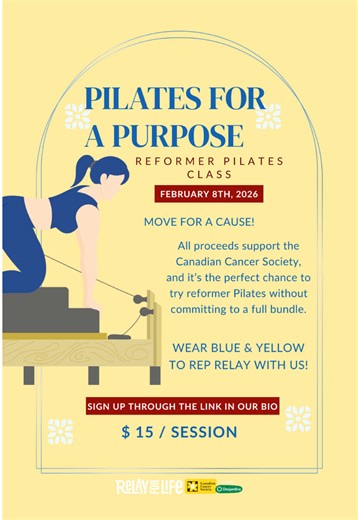 Your workout can make a difference 💙💛 Join our Pilates for a Purpose class for Relay For Life, where 100% of proceeds go to the Canadian Cancer Society and you can try reformer Pilates without committing to a full bundle. Wear blue & yellow and move for something bigger 💛🩵 🔗 Link in bio #MoveForRelay #PilatesWithPurpose #RelayForLife #CanadianCancerSociety #UofG