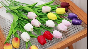 Pink Fake Tulips Artificial Flowers - 24 Pcs Artificial Silk Pink Tulips Faux Flowers with Stems for Home Wedding Hotel Office Centerpiece Decor