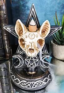 Ebros Gift Paranormal Occult Ouija Cat Skull with Triple Moon and Pentagram Sacred Geometry Backflow Cone Incense Burner Holder with Cascading Smoke Pool Waterfall Effect Figurine
