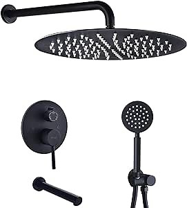 Bathtub Shower System with Tub Spout, Black Shower Tub Faucet Set with 12 Inch Rain Shower Head and Handheld Spary, Wall Mount 3 Function Tub and Shower Trim Kit with Rough-in Valve