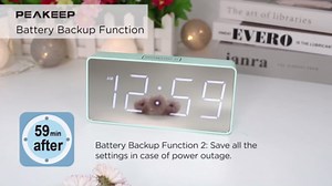 Peakeep Digital Clock, Alarm Clock Battery Backup Powered for Bedrooms - Mirror Face Large Numbers 6 Dimmers for Seniors, Super Loud for Heavy Sleepers (Aqua)