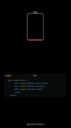 Yamuna Digital Reseach Foundation on Instagram: "🔋 Different Types of Battery Design using CSS, HTML & JavaScript Whether the battery is full or low — Everything is possible with CSS! ⚡💛 In this video, you'll see how to create the battery's shape, border, color, and level using simple CSS. And by adding animation with JavaScript, the battery will even have a charging effect! 🔌⚙️ ➡ Understand the code + Practice = Boost your UI skills! Save & Try it in your next project 💻🔥 #css #html #javasc