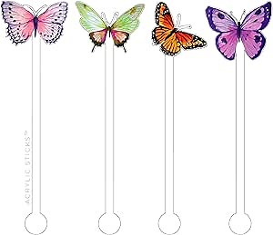 Co. BUTTERFLIES ACRYLIC STIR STICKS 4PC COMBO PACK, Decorative Stir Sticks for Cocktails, Acrylic, Washable & Reusable, BPA Free, 6.25"