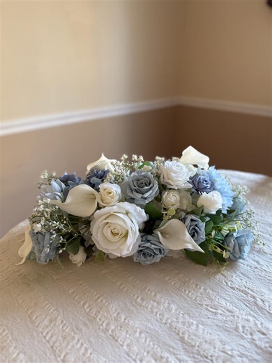Floral Arrangement, Dusty Blue Floral Arrangement With Faux Flowers, Table Centerpiece, Blue Wedding Decor, Wedding Sign Arrangement Blue - Etsy