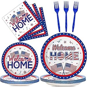 100Pcs Military Welcome Home Decorations Patriotic Army Soldier Homecoming Plates Napkins Proud of You Deployment Returning Party Decor Supplies Red White Blue Welcome Home Tableware Serve 25 Guests