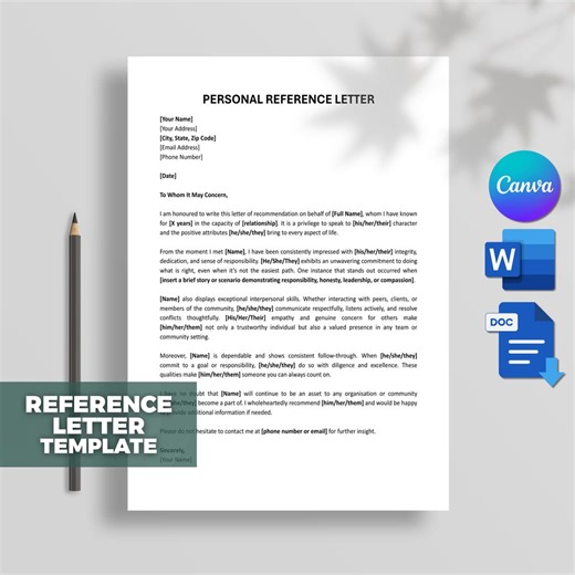 Professional Character Reference Letter Template, Character Reference Letter, Character Letter, Employee Reference Letter, MS Word, PDF - Etsy