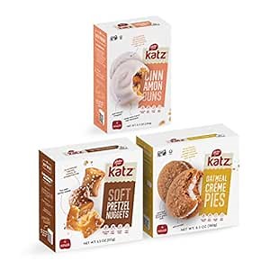 Katz Gluten Free Snacks Variety Pack. Includes Fresh Baked Cinnamon Rolls, Soft Pretzel Nuggets, & Oatmeal Creme Pie. Gluten Free Snacks For Adults & Kids. Tree Nut Free, Peanut Free, Dairy Free, Soy Free. Kosher Snacks. (Pack Of 3)