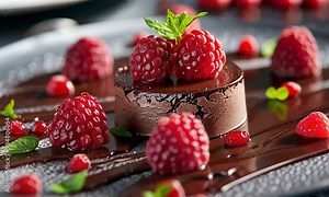Chocolate Indulgence: A decadent chocolate mousse dessert, adorned with fresh raspberries and a sprig of mint, creating a symphony of textures and flavors.