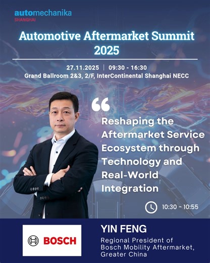 Connect, Learn, and Lead in Automotive Aftermarket The Automotive Aftermarket Summit 2025 brings together global brands, service providers, and policymakers to explore how the aftermarket is evolving amid innovation, digitalisation, and new energy transitions. Why attend? • Insights on global aftermarket trends and China’s role in the transition • Strategies for localisation, cross-industry collaboration, and supply chain innovation • Connect with leaders driving the future of mobility 📅Date: 2