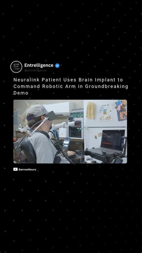Entrelligence on Instagram: "In a groundbreaking Neuralink demonstration, quadriplegic patient Alex Conley—the second PRIME Study participant with the N1 implant at Barrow Neurological Institute—uses thought-controlled BCI to operate a 7-DOF robotic arm. He autonomously retrieves, microwaves, and eats a pretzel, marking the first BCI robotic arm control in the CONVOY study for spinal cord injury patients. This advance signals rapid BCI progress, with upcoming integration of Tesla's 22+ DOF Optim