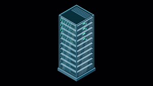 Isometric server animation. Network server room. 3D computer equipment. Storage database. Isometric technology. Transparent background with alpha channel