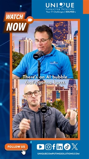 Unique Computing Solutions on Instagram: "Is the AI boom the next big opportunity… or are we watching the early signs of another dot-com-style crash? 👀 In our next episode of The Business Owner’s IT Podcast, Tony and Ryan reflect on today’s sky-high tech valuations, cash-burning startups, and whether the “AI bubble” is real, or just noise from the headlines. Tony lived through the original dot-com bubble and shares how that era compares to today’s AI frenzy. 🎥 Full episode drops Friday, Januar