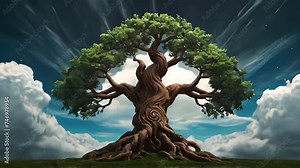 mythical folklore Yggdrasil world tree of life with flowing clouds