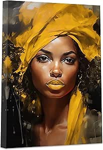 DOARTDO African American Canvas Wall Art Black Women Yellow Hair Scarf Pictures Abstract Wall Paintings Black Girl Art Print Framed (12.00" x 18.00", Yellow)
