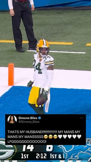 Simone Biles was HYPE after her husband Jonathan Owens’ defensive TD! 🤩 (via NFL, FOX) | Sunday Night Football on NBC