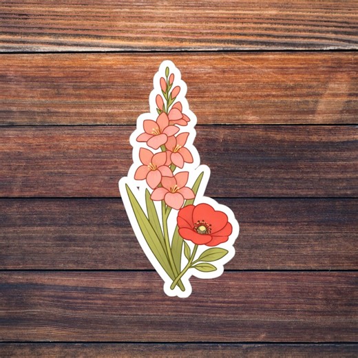 August Birth Flower Dual Sticker, Gladiolus Poppy Art, Two Flower Botanical Gift - Etsy