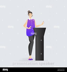 Cartoon beautiful smiling Woman speaker giving speech from tribune  business lady, vector illustration, leadership trait, professional presenting  cha Stock Vector Image & Art - Alamy