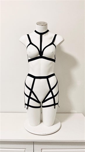Black Body Harness Lingerie: Cage Bralette and High Waisted Stretch Strappy Sexy Garter Belt - Etsy