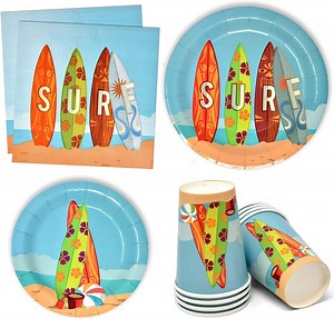 [Hot Item] Beach Surfing Party Supplies Tableware Set for Summer Sun and Surf Pool Surfs up Luau Birthday BBQ Picnic Disposable Dinnerware Paper Goods