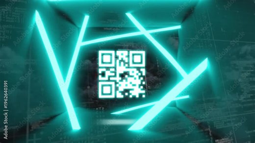 Animation of neon green qr code scanner over data processing and dark clouds on black background