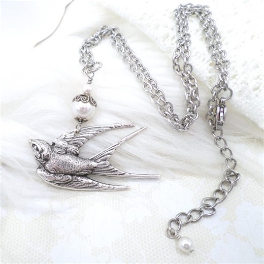 Silver Swallow Necklace With Pearl Accent: Vintage Style Bird Pendant, Handmade Cottagecore Jewelry - Etsy