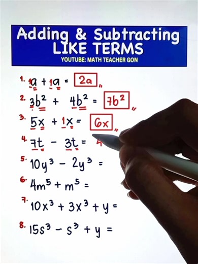 50K views · 698 reactions | Adding and Subtracting Like Terms! #algebra #mathchallenge #basicmath #mathematics #MathTutor #teachergon #math #mathreview | Ako si Teacher Gon | Facebook