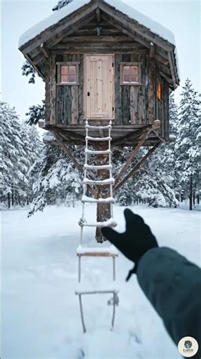Built a Cozy Treehouse Cabin in a Snowy Forest 🪵