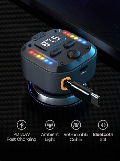 27.5" Retractable Cable Bluetooth Car Charger With RGB Lighting Effect; Supports PD 30W Fast Charging; Bluetooth 5.3 For Hands-Free Calling/Music Playback; Auto Reconnect; Type-C Interface Compatible With Apple/Android Devices; Car Accessories; Automotive Supplies; Travel Essential | SHEIN