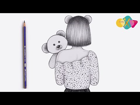 رسم بالرصاص سهل جدا للمبتدئين || تعلم طريقة رسم فتاة كيوت سهلة من الخلف تحمل دبدوب || رسم بنت كيوت