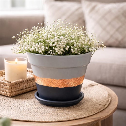 Hand-painted Terracotta Planter, Midnight Blue Grey Copper Leaf, Indoor Flower Pot - Etsy