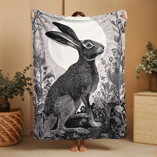 Folk Rabbit Blanket, Black and White Woodland Throw, Linocut Style Animal Blanket - Etsy