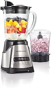 Hamilton Beach Power Elite Blender for Smoothies with 3-Cup Vegetable Chopper, Mini Food Processor, 40oz Glass Jar, 12 Functions for Puree, Ice Crush, Black and Stainless Steel (58149)