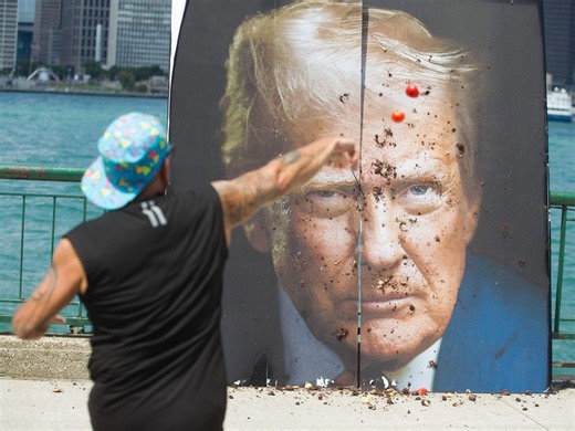 'Splat!' — downtown Windsor protesters hurl tomatoes, timbits at Trump portrait