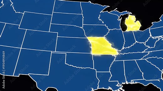 Animated Map of the United States Highlighting States with Custom Color Scheme on a Black Background