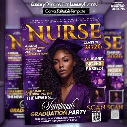 Nurse Graduation Magazine Invitation Purple Gold Editable RN Grad Party Invite Medical School Nurse Celebration Template DIY - Etsy Canada