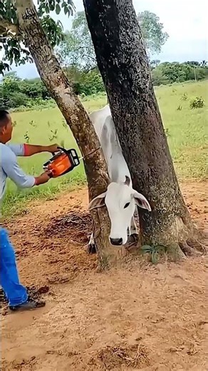 Rescuing a cow whose head is stuck in a tree.